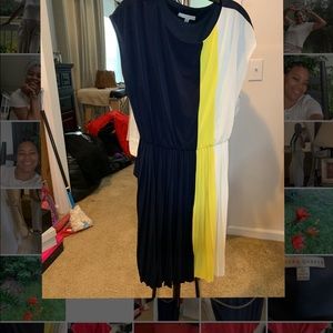 Nice Pleated dress. Yellow, Blue and White dress with gold chain belt.